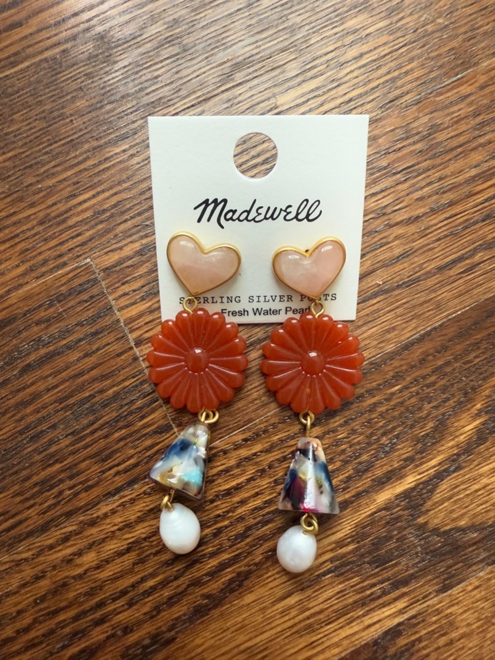 Madewell Flower Red and Pink Stone Drop Earrings with Pearls